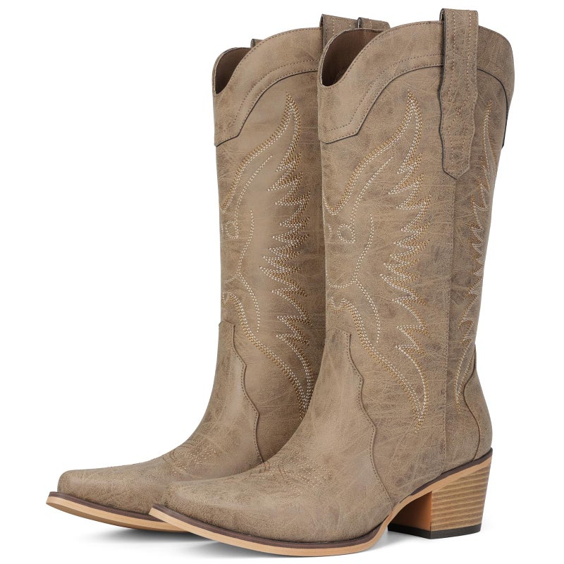 Pasuot Western Cowboy Boots for Women - Light Brown Cowgirl Boots with Pointed Toe, Mid Calf Chunky Heel Snip Toe Boot with Classic Retro Embroidery, Country Style for Ladies Rodeo Concert US 8 - Image 1