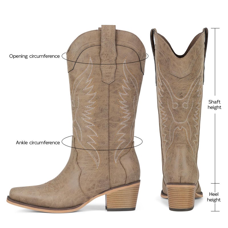 Pasuot Western Cowboy Boots for Women - Light Brown Cowgirl Boots with Pointed Toe, Mid Calf Chunky Heel Snip Toe Boot with Classic Retro Embroidery, Country Style for Ladies Rodeo Concert US 8 - Image 5