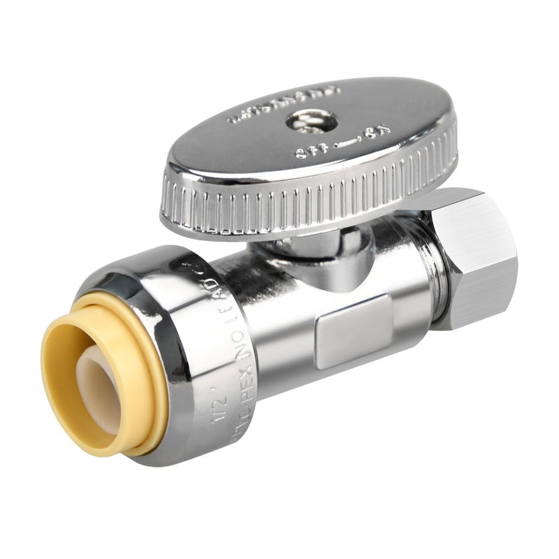 PXZBLG Stop Valves, 1/2" Ã— 3/8" Straight Stop Valve, 1/2" PTC Input, 3/8" OD Compression Output, Push to Connect, 1/4 Turn, Chrome Plated Brass for Faucet, Toilet Valves, No Lead - Image 1