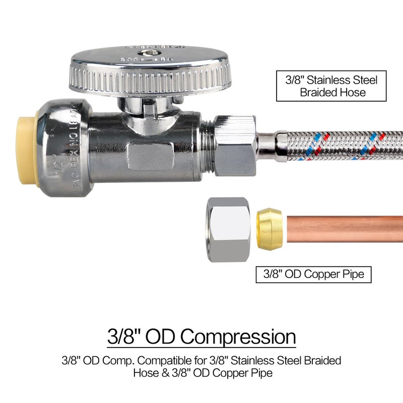 PXZBLG Stop Valves, 1/2" Ã— 3/8" Straight Stop Valve, 1/2" PTC Input, 3/8" OD Compression Output, Push to Connect, 1/4 Turn, Chrome Plated Brass for Faucet, Toilet Valves, No Lead - Image 5