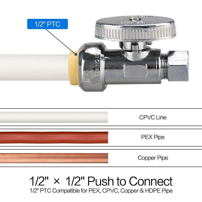 PXZBLG Stop Valves, 1/2" Ã— 3/8" Straight Stop Valve, 1/2" PTC Input, 3/8" OD Compression Output, Push to Connect, 1/4 Turn, Chrome Plated Brass for Faucet, Toilet Valves, No Lead - Image 4