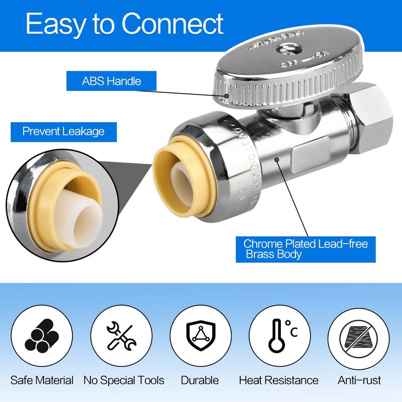 PXZBLG Stop Valves, 1/2" Ã— 3/8" Straight Stop Valve, 1/2" PTC Input, 3/8" OD Compression Output, Push to Connect, 1/4 Turn, Chrome Plated Brass for Faucet, Toilet Valves, No Lead - Image 3