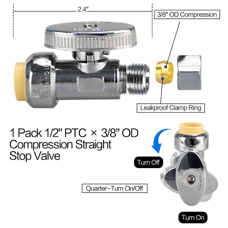 PXZBLG Stop Valves, 1/2" Ã— 3/8" Straight Stop Valve, 1/2" PTC Input, 3/8" OD Compression Output, Push to Connect, 1/4 Turn, Chrome Plated Brass for Faucet, Toilet Valves, No Lead - Image 2