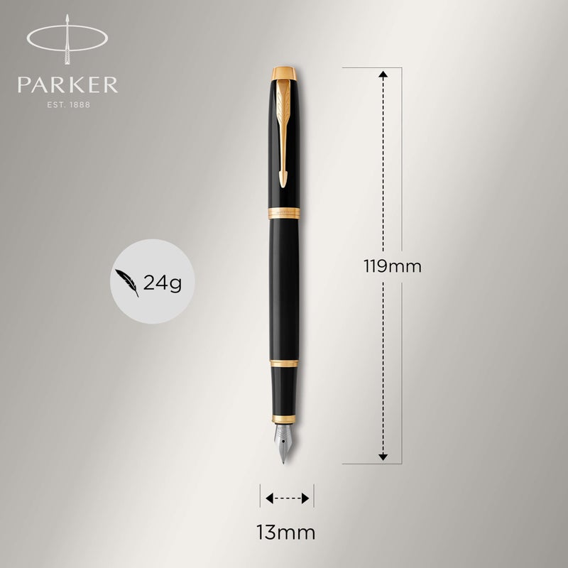 Parker IM Fountain Pen, Black Lacquer with Gold Trim, Fine Nib, Blue Ink Refill, Elegant Gift Box - Image 3