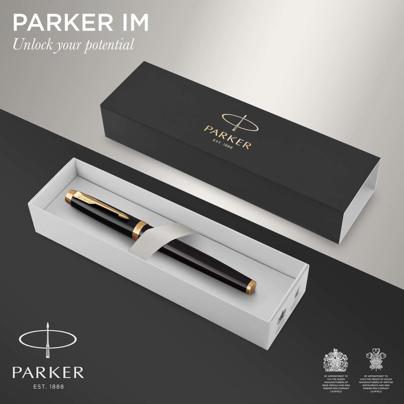 Parker IM Fountain Pen, Black Lacquer with Gold Trim, Fine Nib, Blue Ink Refill, Elegant Gift Box - Image 2