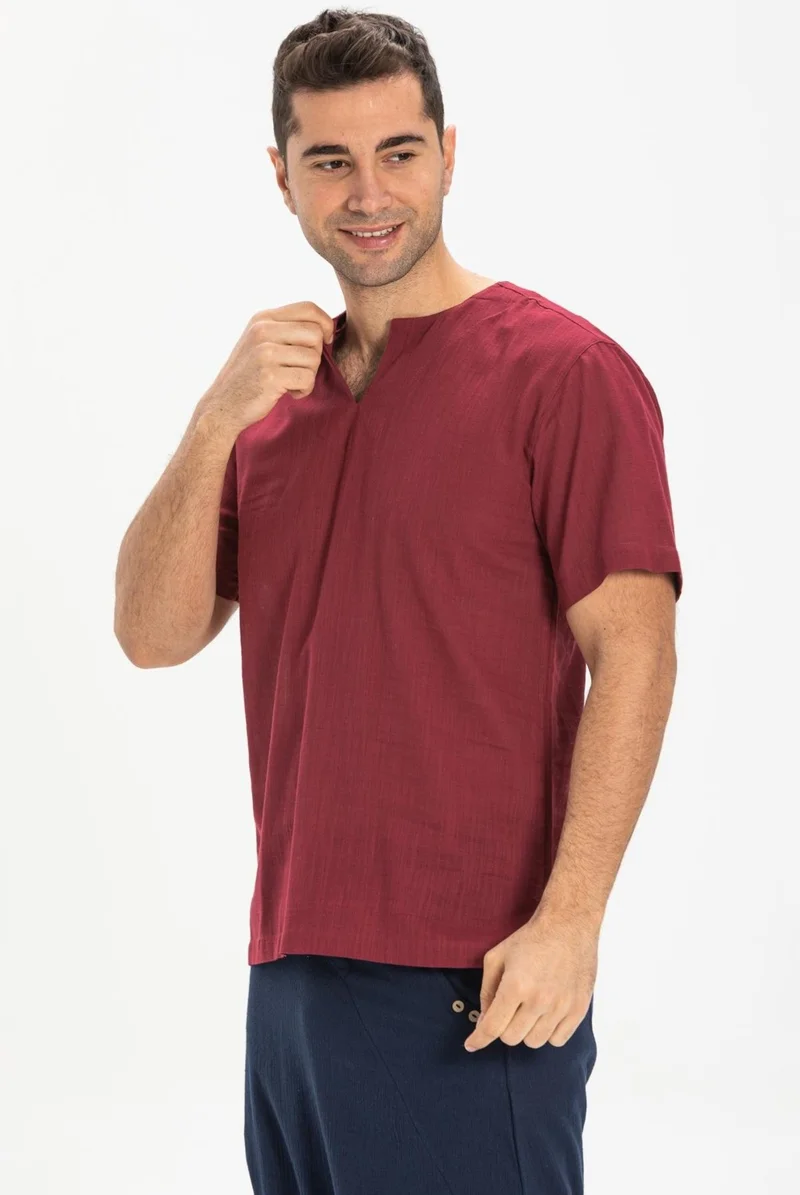 اليش شيل بيزي Eliş Şile Cloth Short Sleeve Şile Cloth Crew Neck Men's T-shirt Dark Burgundy 3068