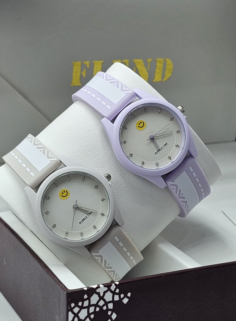 Smiley Dial Youth Watch Set - White & Lavender