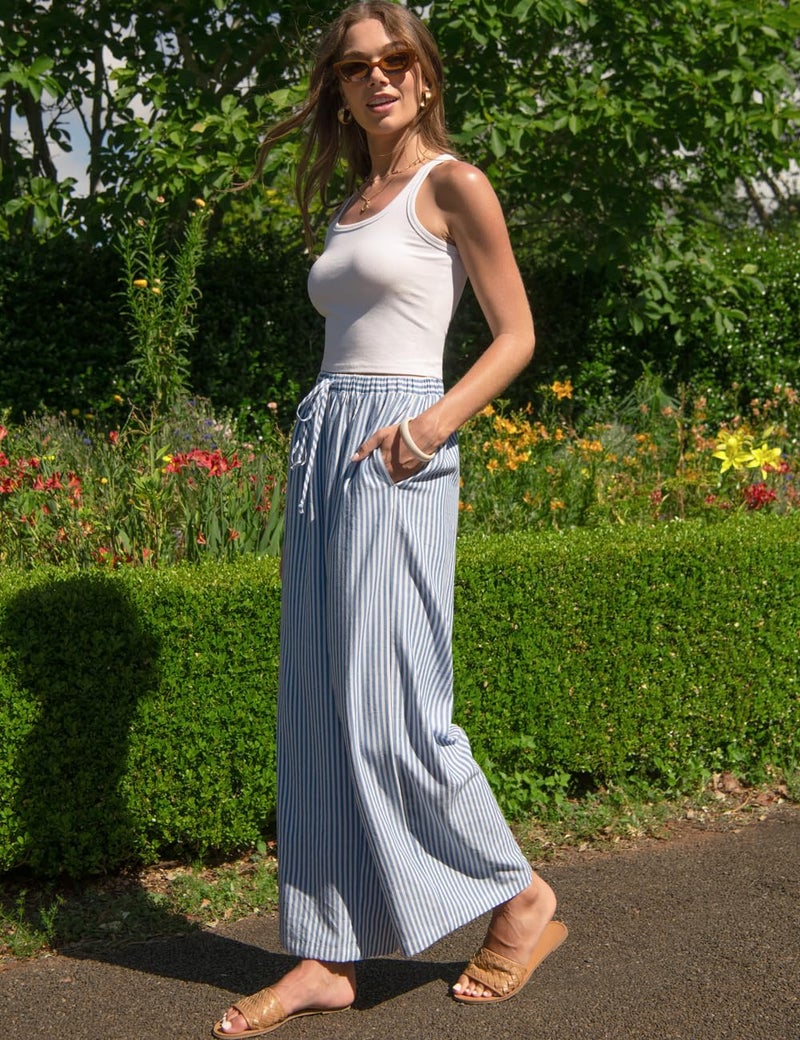 TARSE Womens Linen Striped Gingham Wide Leg Pants Palazzo Drawstring Elastic Waist Lounge Pajama Pants Cute Casual Trousers with Pockets(BlueStriped, S) - Image 3