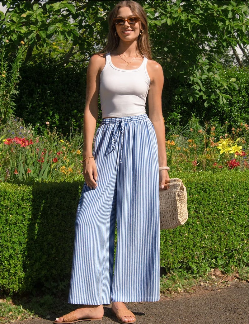 TARSE Womens Linen Striped Gingham Wide Leg Pants Palazzo Drawstring Elastic Waist Lounge Pajama Pants Cute Casual Trousers with Pockets(BlueStriped, S) - Image 1