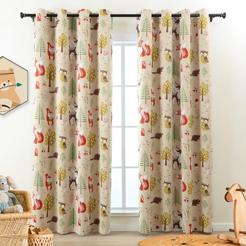 L.Z.E Cream Kids Curtains for Bedroom Nursery, 85% Room Darkening Blackout Thermal Insulated Drapes for Boys Girls Room, Beige Forest Animal Print Design Grommet Top 2 Panels Set, 52 x 84 Inch - Image 1