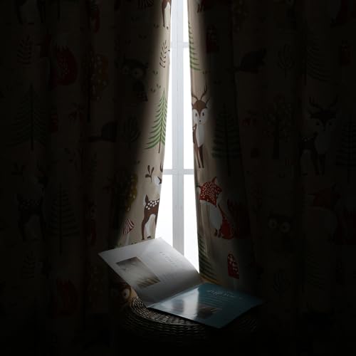 L.Z.E Cream Kids Curtains for Bedroom Nursery, 85% Room Darkening Blackout Thermal Insulated Drapes for Boys Girls Room, Beige Forest Animal Print Design Grommet Top 2 Panels Set, 52 x 84 Inch - Image 4