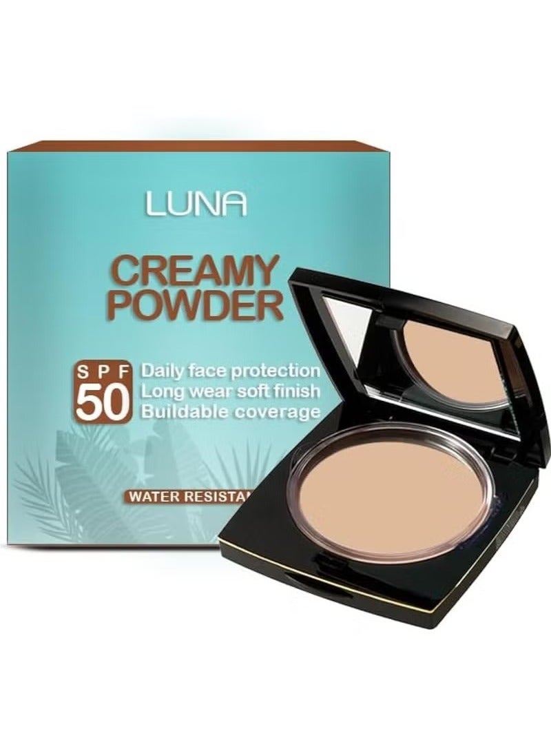 لونا بودرة كريمية بواقي شمس SPF 50 – رقم 01 ساند بيج – تغطية مطفية وحماية يومية