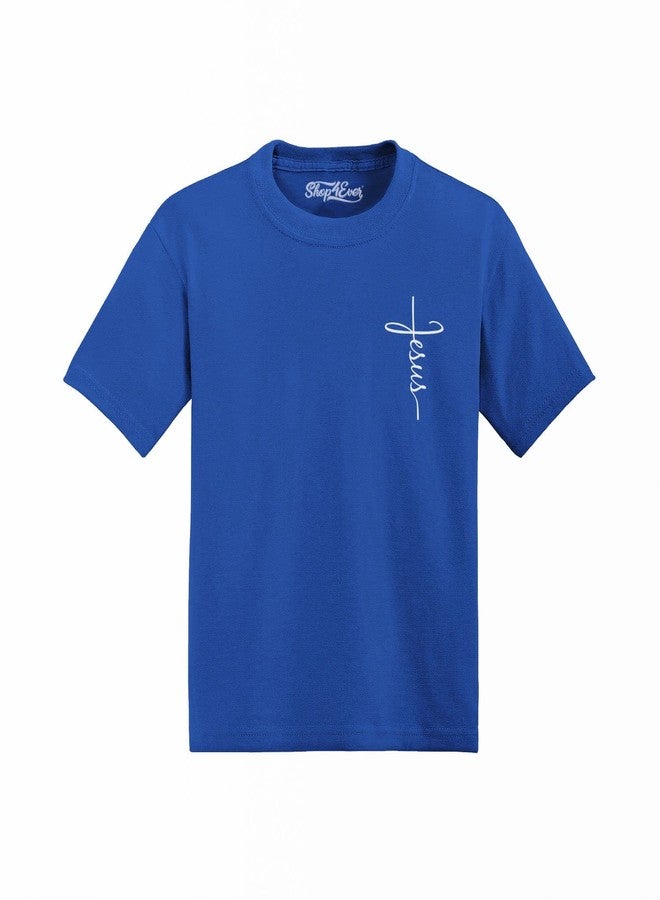 shop4ever® Jesus Cross Cursive Script Pocket Size Toddler Cotton T-Shirt 2T Royal Blue - Image 1