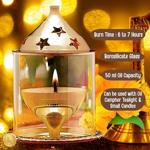Ein Sof Akhand Diya for Puja - Decorative Brass Oil Lantern with Glass Cover, Gold Lamp Tea Light Holder, Diwali & Christmas Pooja Gift Item, Medium Size - Image 3