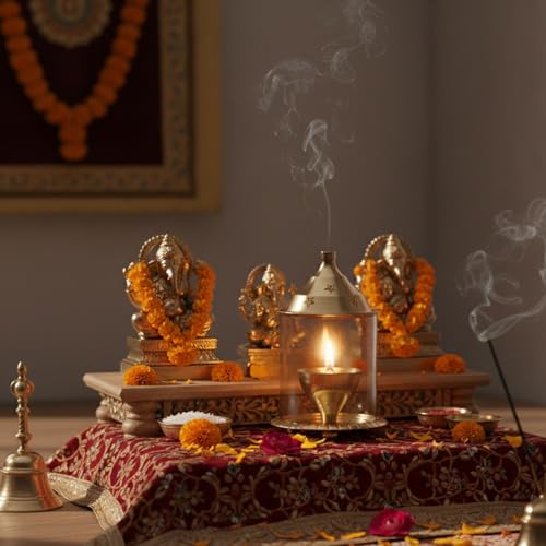 Ein Sof Akhand Diya for Puja - Decorative Brass Oil Lantern with Glass Cover, Gold Lamp Tea Light Holder, Diwali & Christmas Pooja Gift Item, Medium Size - Image 2