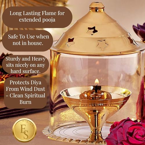 Ein Sof Akhand Diya for Puja - Decorative Brass Oil Lantern with Glass Cover, Gold Lamp Tea Light Holder, Diwali & Christmas Pooja Gift Item, Medium Size - Image 5