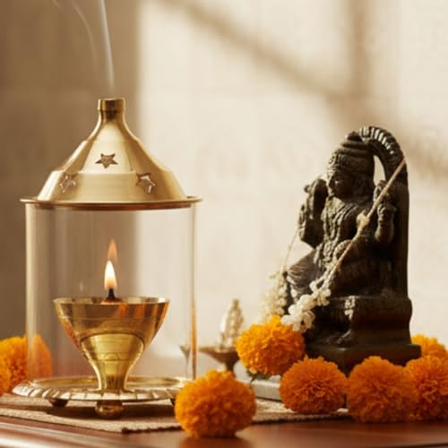Ein Sof Akhand Diya for Puja - Decorative Brass Oil Lantern with Glass Cover, Gold Lamp Tea Light Holder, Diwali & Christmas Pooja Gift Item, Medium Size - Image 4