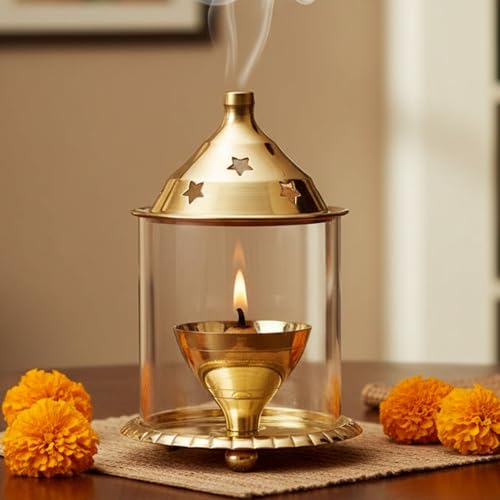 Ein Sof Akhand Diya for Puja - Decorative Brass Oil Lantern with Glass Cover, Gold Lamp Tea Light Holder, Diwali & Christmas Pooja Gift Item, Medium Size - Image 1