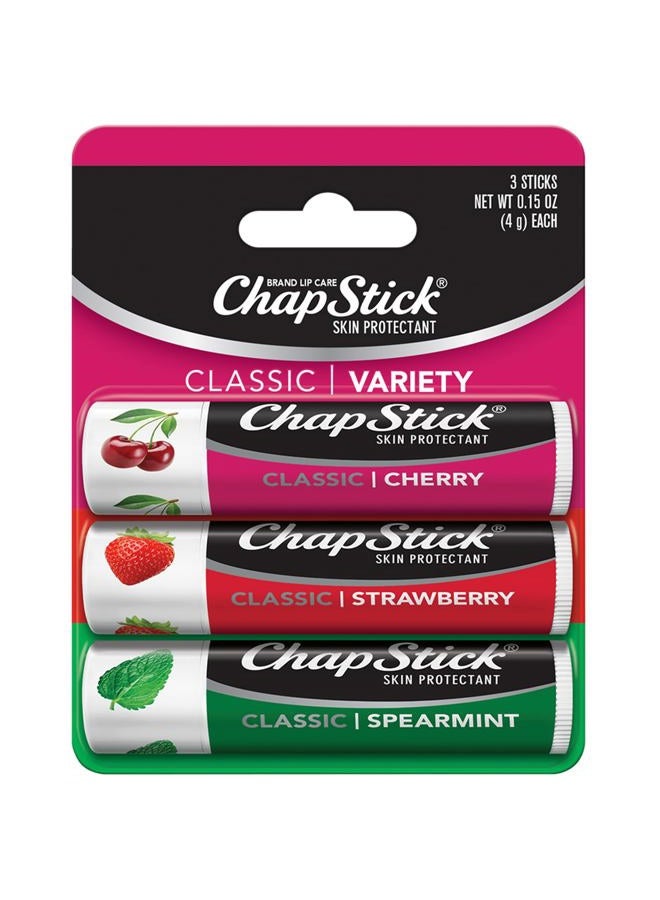 chapstick مجموعة العناية بالشفتين، مجموعة كلاسيكية 3 عبوات – بلسم الشفاه بنكهة النعناع، الكرز، والفراولة، 0.15 كل منها - Image 1
