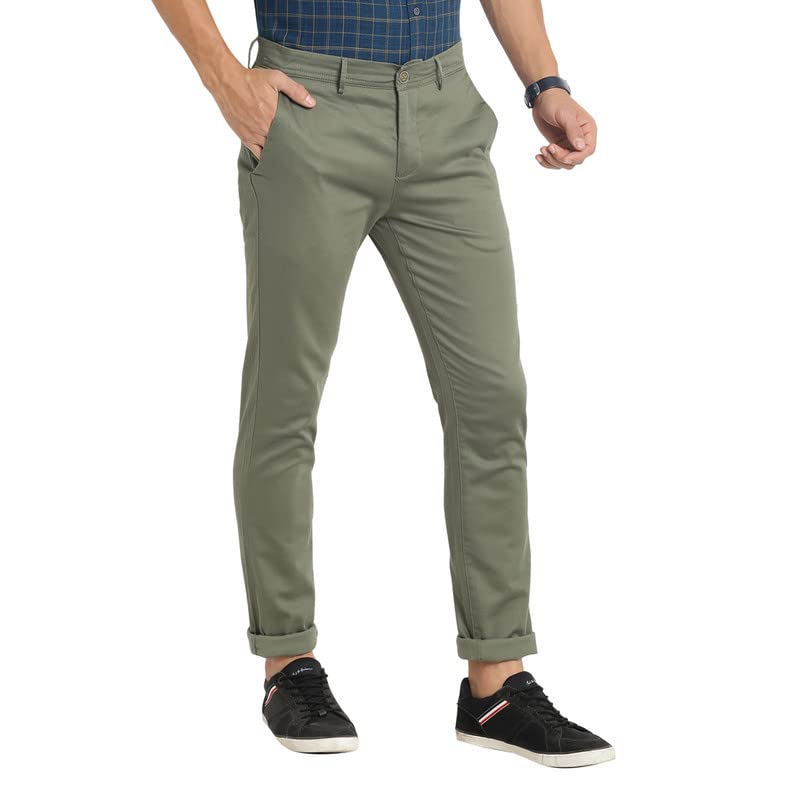 Turtle Men Cotton Olive Printed Narrow Fit Stretchable Casual Trousers - Image 2