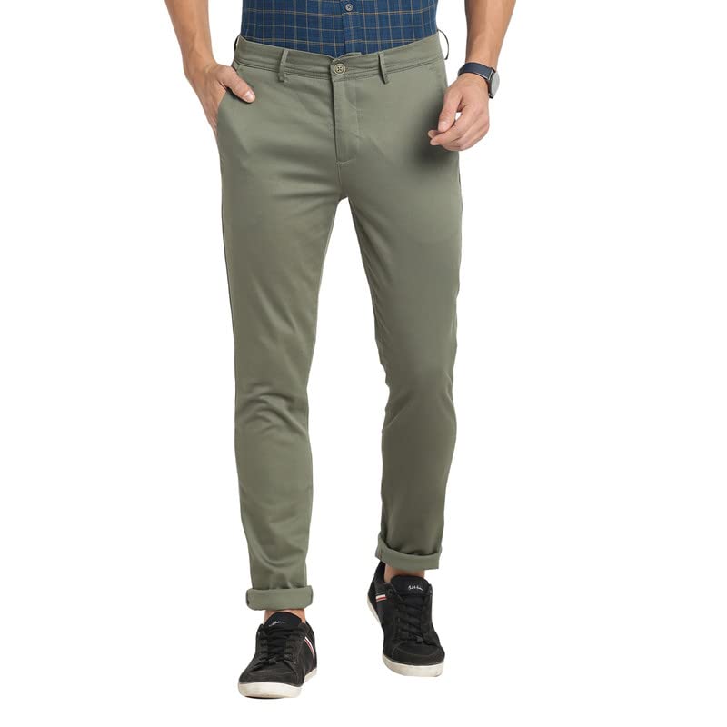 Turtle Men Cotton Olive Printed Narrow Fit Stretchable Casual Trousers - Image 1