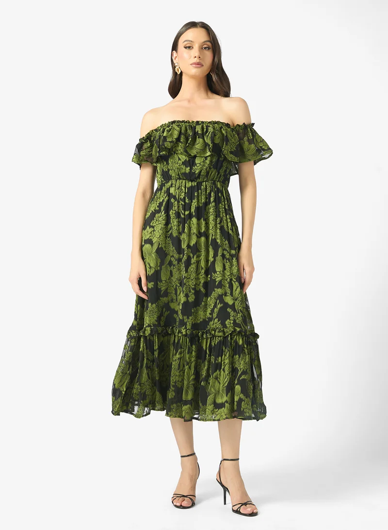 مايا Floral Off Shoulder Midi Dress