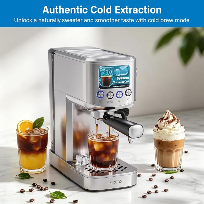 XIXUBX Cold Brew Espresso Maker with Milk Frother for Cappuccino, Latte | 20-Bar Pump, Built-in Pressure Gauge, Powerful Steam Wand, Milk Frothing Pitcher, 42 oz Removable Water Tank, Stainless Steel - Image 2