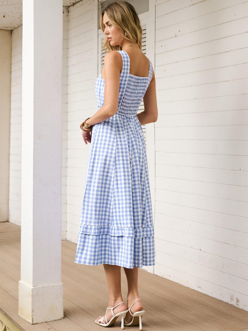 Caracilia Womens Summer Casual Gingham Plaid Midi Dress Sleeveless Square Neck Flowy Beach Vacation Sundress with Pockets - Image 5