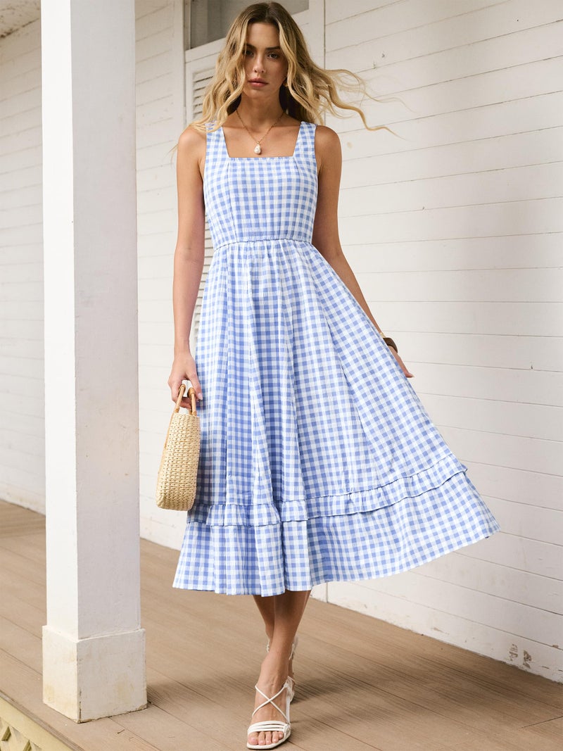 Caracilia Womens Summer Casual Gingham Plaid Midi Dress Sleeveless Square Neck Flowy Beach Vacation Sundress with Pockets - Image 3