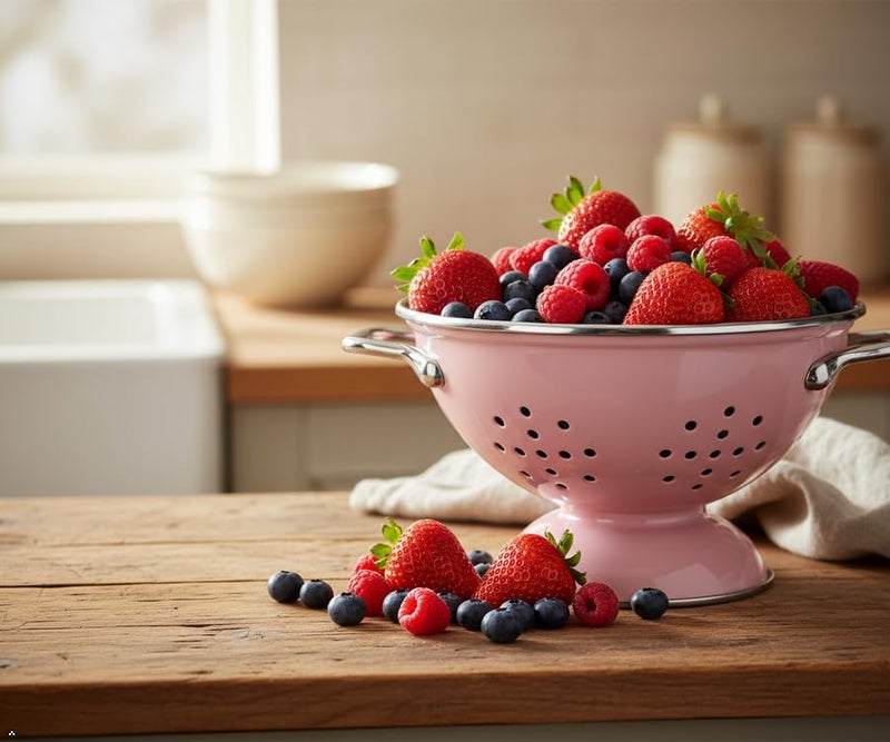 Reston Lloyd Calypso Basics Powder Coated Enameled Colander with Solid Base, Strainer Basket with Handles, for Pasta, Berries, Vegetables, Fruit, Gift Basket, Pink,1 Qt ( 32oz|0.94L) - Image 4