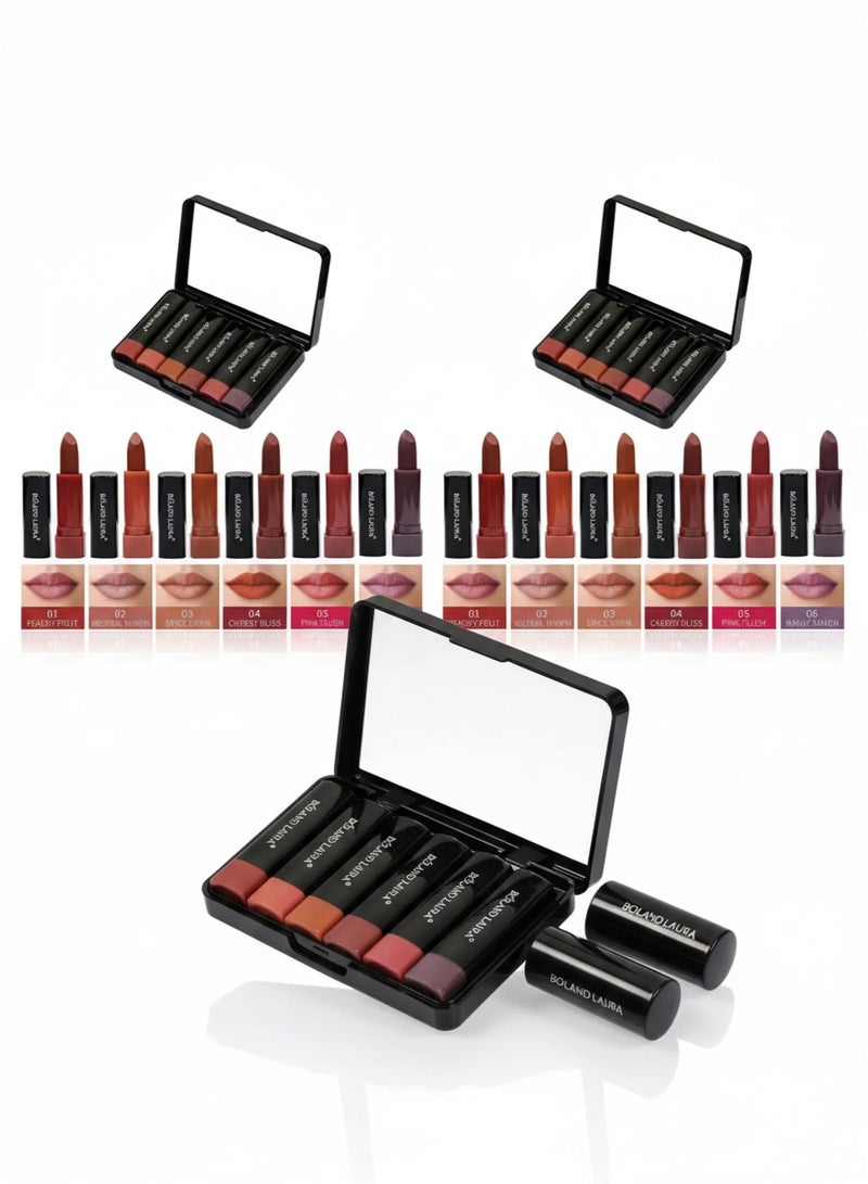 BOLAND LAURA BOLANDLAURA Lipstick Set, Intense Matte Color, Lasts Up to 24 Hours, Travel-Friendly, 6-Piece Set, Assorted Colors, 3 Cases - Image 1