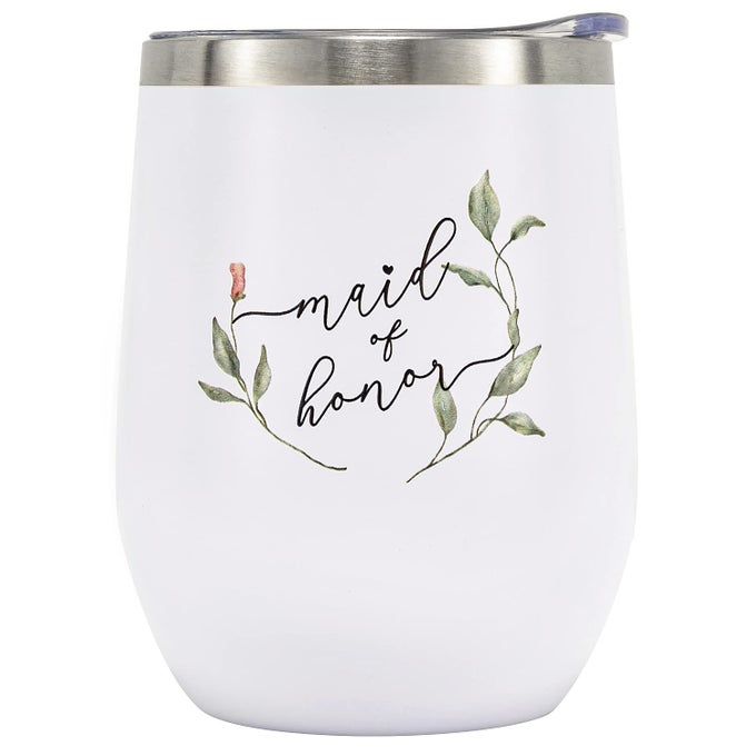 MAID OF HONOR GIFTS GREENERY MAID OF HONOR WINE TUMBLER GLASS DRINK CUP WITH STRAW FOR BRIDESMAID I DO CREW BRIDE TRIBE TEAM BRIDE 12OZ VACUUM INSULATED TUMBLER WITH BOX LID STRAW