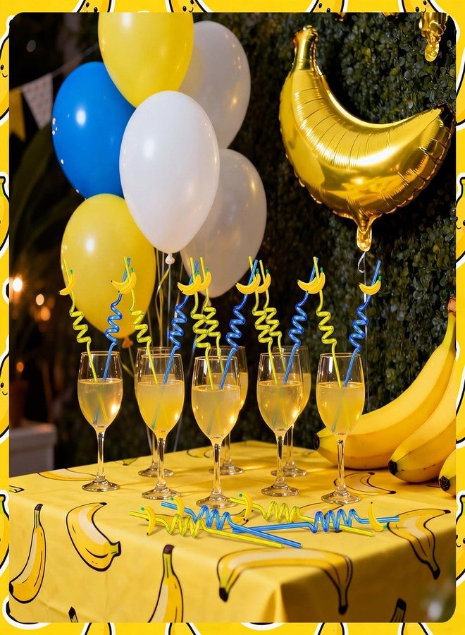 Potchen 24 Pcs Banana Cartoon Birthday Party Decorations 10.4 Inch Banana Plastic Straws Yellow Blue Straws Table Decor Yellow Cartoon Theme Birthday Party Supplies for Baby Shower Bachelorette Summer Picnic - Image 3
