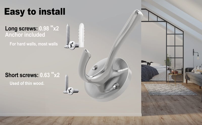 TOFIIGREM Brushed Nickel Wall Hooks Towel Hooks, 2 Pack Coat Robe Hook Heavy Duty Bathroom Double Hook Wall Mounted, Hand Towel Hooks for Closet Entryway Cubicle Kitchen - Image 5