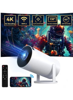 Mini Projector with WIFI 6 and Bluetooth, 4K 1080P Support Portable Projector 180° Rotatable 130'' Screen Movie Projector Auto Keystone Compatible for Laptop, PC, Smartphone (White)