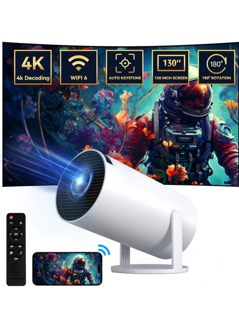 Mini Projector with WIFI 6 and Bluetooth, 4K 1080P Support Portable Projector 180° Rotatable 130'' Screen Movie Projector Auto Keystone Compatible for Laptop, PC, Smartphone (White)