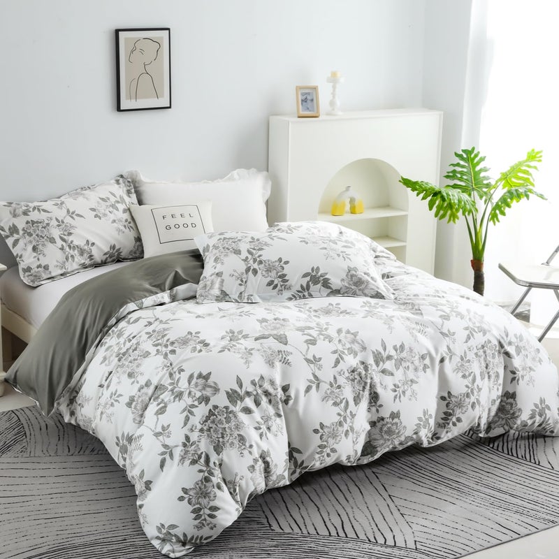 OAITE Duvet Cover Set King Size Floral Pattern 600 Thread Count Ultra Soft 100% Long Staple Cotton Duvet Cover Sets 3-PC  Breathable Duvet Cover with Zipper Closure & Corner Ties - Image 2