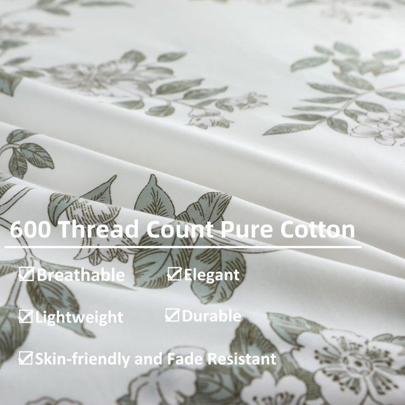 OAITE Duvet Cover Set King Size Floral Pattern 600 Thread Count Ultra Soft 100% Long Staple Cotton Duvet Cover Sets 3-PC  Breathable Duvet Cover with Zipper Closure & Corner Ties - Image 4