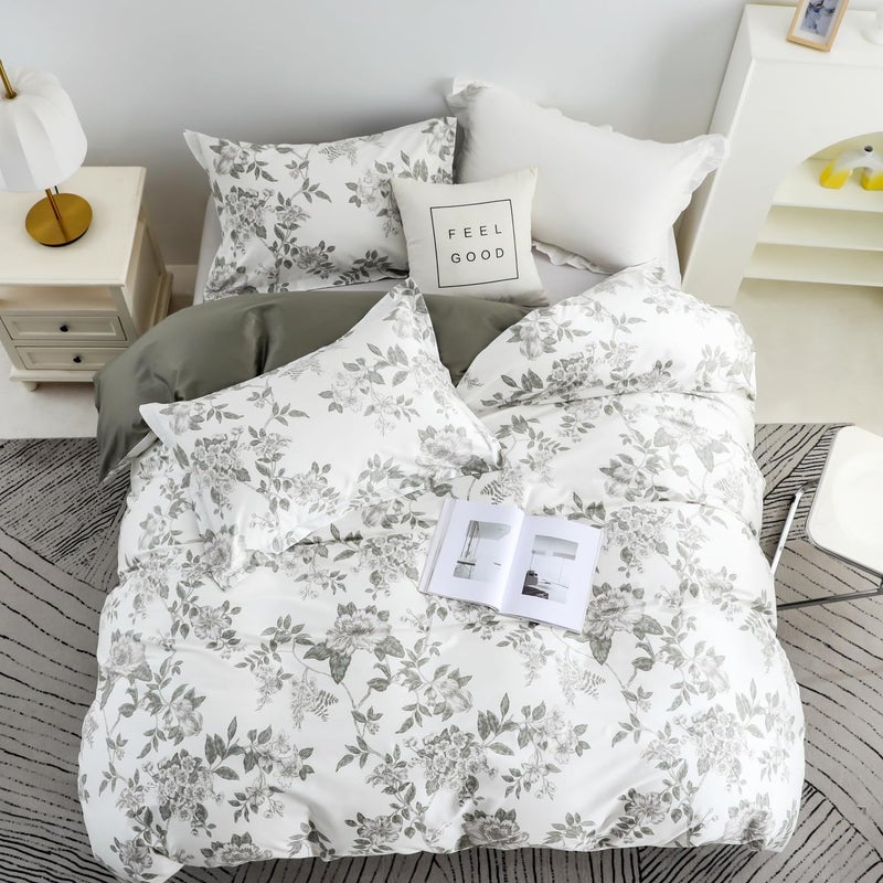 OAITE Duvet Cover Set King Size Floral Pattern 600 Thread Count Ultra Soft 100% Long Staple Cotton Duvet Cover Sets 3-PC  Breathable Duvet Cover with Zipper Closure & Corner Ties - Image 3