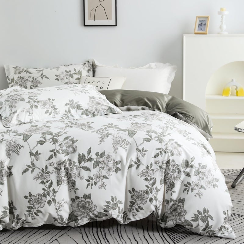 OAITE Duvet Cover Set King Size Floral Pattern 600 Thread Count Ultra Soft 100% Long Staple Cotton Duvet Cover Sets 3-PC  Breathable Duvet Cover with Zipper Closure & Corner Ties - Image 1