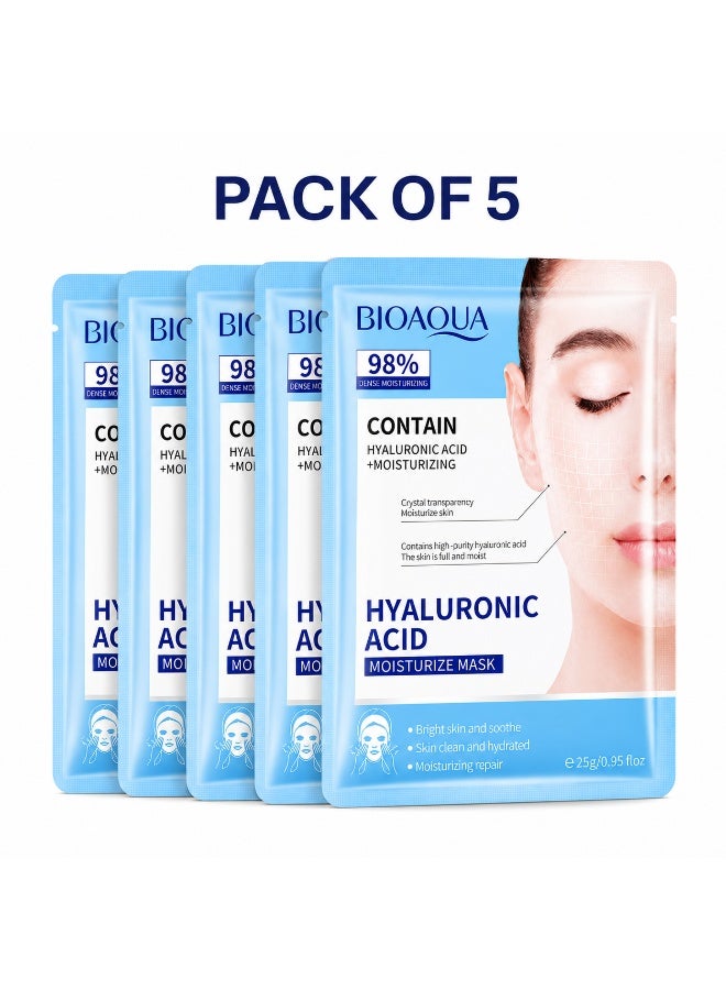 BIOAQUA Hyaluronic Acid Facial Sheet Mask for Women | Brightens, Soothes & Deeply Hydrates Dull Dry Skin | Crystal Clarity Repair Formula | Daily Skincare All Skin Types | Pack of 5 | 25g Each - Image 1