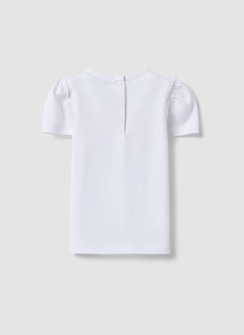 او في اس OVS White Stretchy Cotton Regular Fit Girlâ€™S T-Shirt With Flower Embroidery