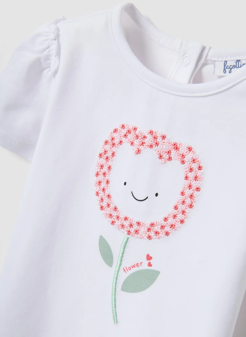 Ovs  OVS White Stretchy Cotton Regular Fit Girlâ€™S T-Shirt With Flower Embroidery for Women | Best Price UAE