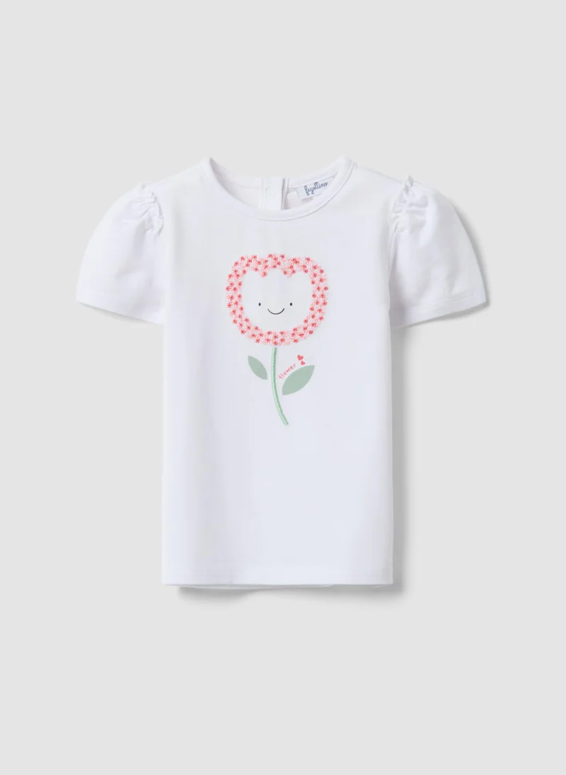او في اس OVS White Stretchy Cotton Regular Fit Girlâ€™S T-Shirt With Flower Embroidery