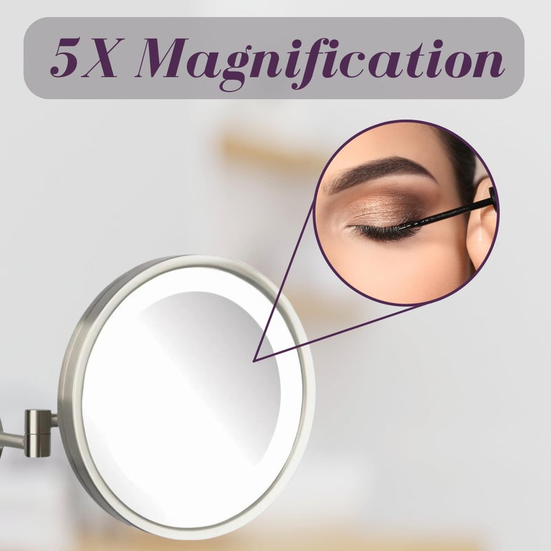 JERDON Lighted Wall-Mounted Makeup Mirror - Magnifying Mirror with LED Lights - 5X - Nickel Finish - Model HL1016NL - Image 4