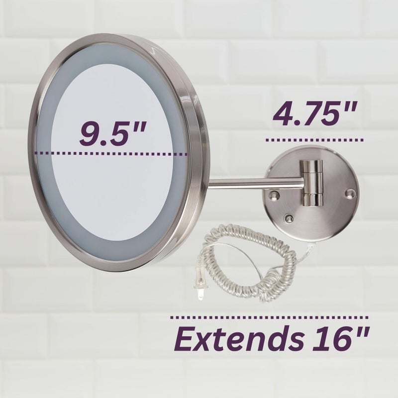 JERDON Lighted Wall-Mounted Makeup Mirror - Magnifying Mirror with LED Lights - 5X - Nickel Finish - Model HL1016NL - Image 3