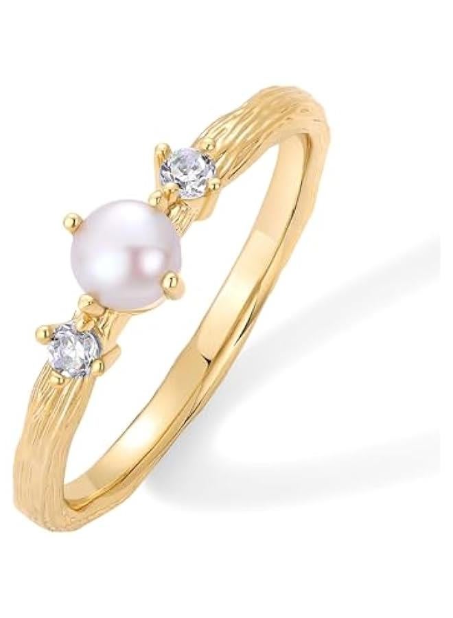 PAVOI 14K Gold Plated Pearl Hammered Ring for Women | Dainty Elegant Stackable Cubic Zirconia Thin Band for Women  - Image 1