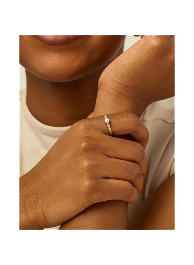 PAVOI 14K Gold Plated Pearl Hammered Ring for Women | Dainty Elegant Stackable Cubic Zirconia Thin Band for Women  - Image 2