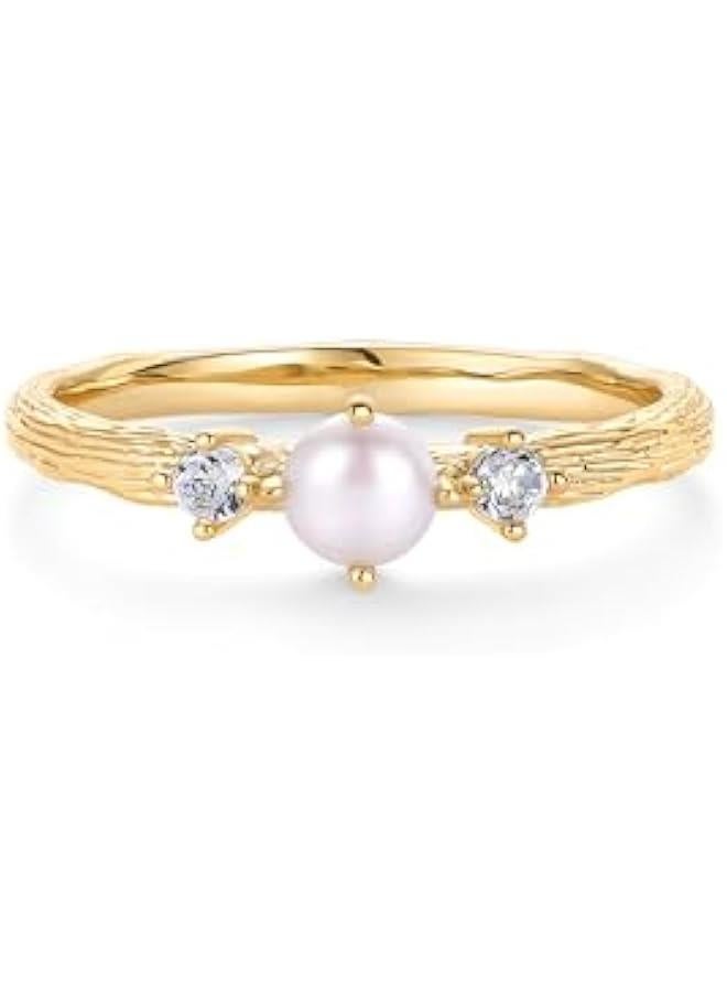 PAVOI 14K Gold Plated Pearl Hammered Ring for Women | Dainty Elegant Stackable Cubic Zirconia Thin Band for Women  - Image 3