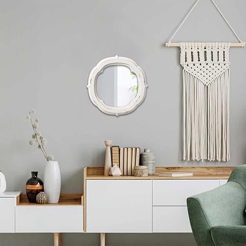 Sintosin Rustic Wooden Round Bathroom Mirror 9.1 inch, Hanging Distressed White Vintage Small Wall Mirror Decor, Farmhouse Decorative Porthole Mirrors for Hallway Bedroom Entryway Vanity - Image 4